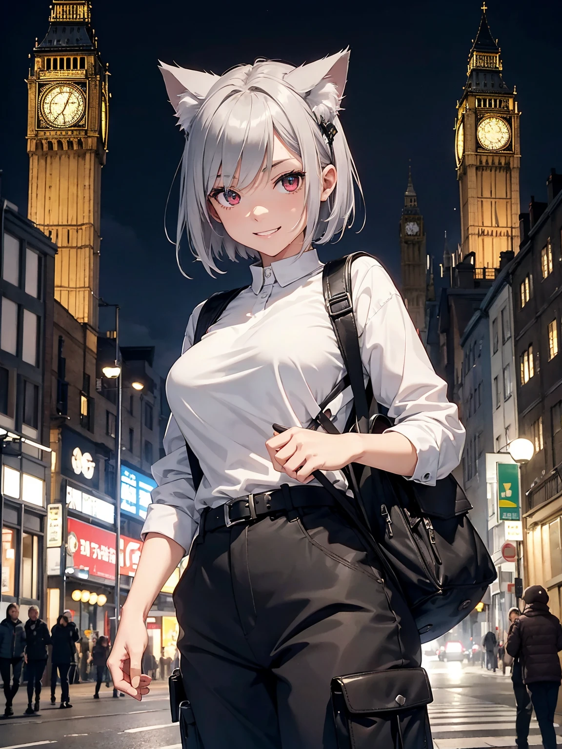 Female Solo、short silver hair、large full breasts、Slender eyes、Red Eyes、grin、Cat's ears、black parker、Cargo pants、rucksack、Laptops、a belt、Streets of England、Big Ben、cyberpunked、Active Pose、Parkour、hightquality、high-detail、8K picture quality、Night background、spot light、concept-art、masterpiece、