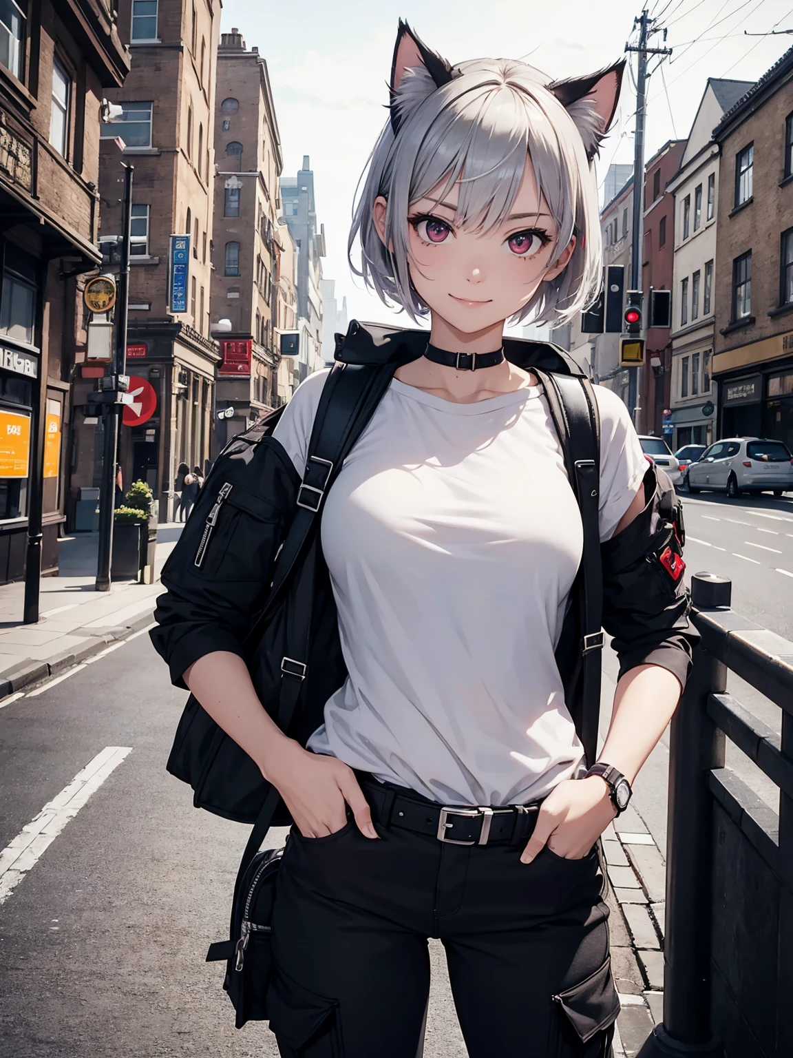 Female Solo、short silver hair、large full breasts、Slender eyes、Red Eyes、grin、Cat's ears、black parker、Cargo pants、rucksack、Laptops、a belt、Streets of England、Big Ben、cyberpunked、Active Pose、Parkour、hightquality、high-detail、8K picture quality、Night background、spot light、concept-art、masterpiece、
