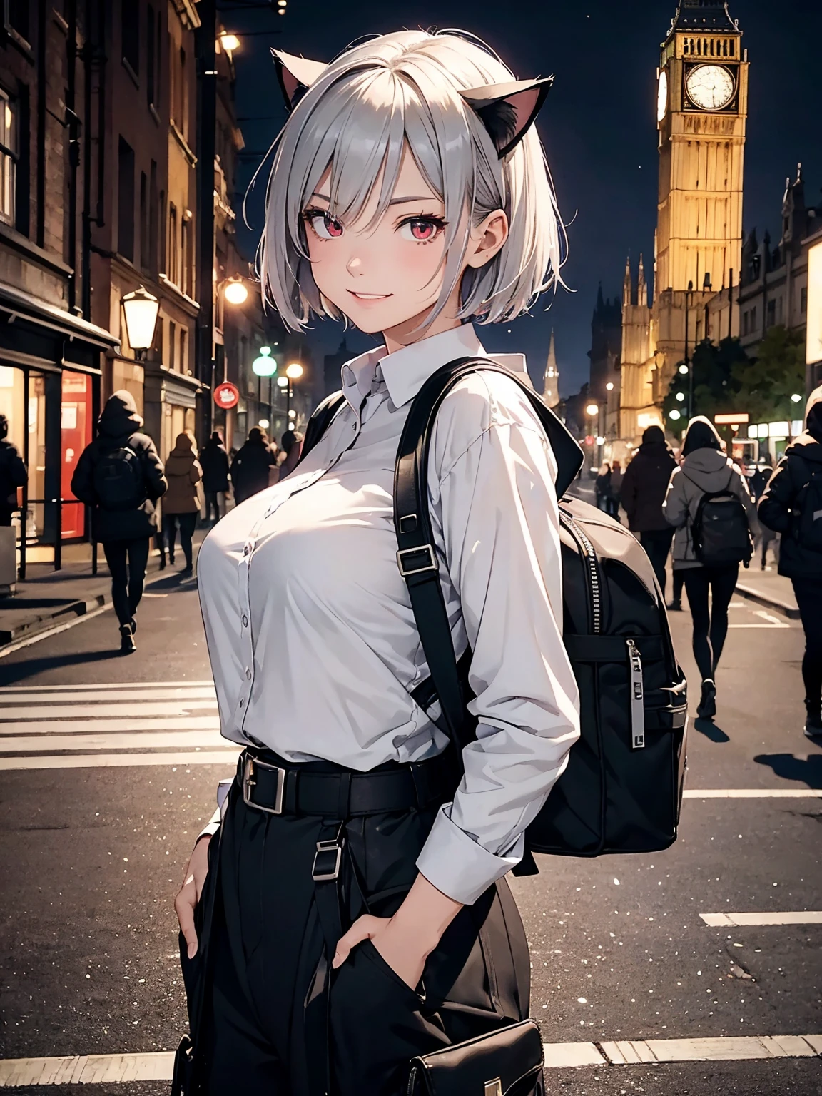 Female Solo、short silver hair、large full breasts、Slender eyes、Red Eyes、grin、Cat's ears、black parker、Cargo pants、rucksack、Laptops、a belt、Streets of England、Big Ben、cyberpunked、Active Pose、Parkour、hightquality、high-detail、8K picture quality、Night background、spot light、concept-art、​masterpiece、