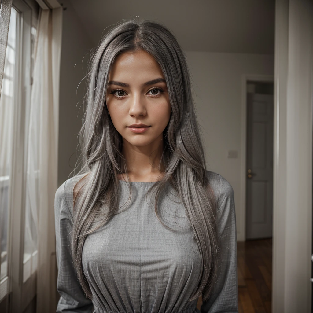 woman with long gray hair , , so photo of a beautiful woman, high quality portrait, beautiful girl model, single person only, superb pose orengedress,