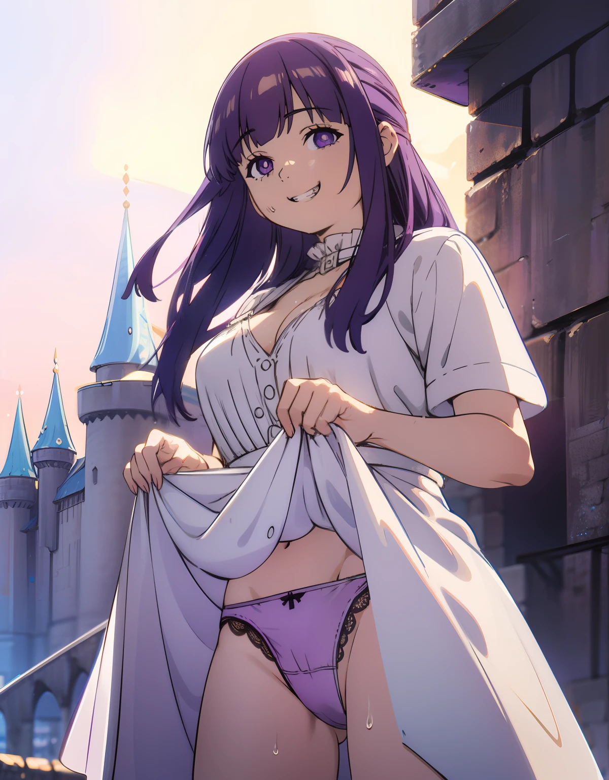 (Best Quality, Masterpiece),sexy, erotic, 1girl, 18 years old, Contempt, pride, long purple hair, ((purple eyes)), looking at viewer, at night, (standing), (((on a castle wall))), sweat, ((cleavage)), ((skirt lift)), white dress, ((panties)), from below, looking at viewer, warm light, excited, (happy), ((mouth opened)), ((((suspicious grin)))), raised eyebrows