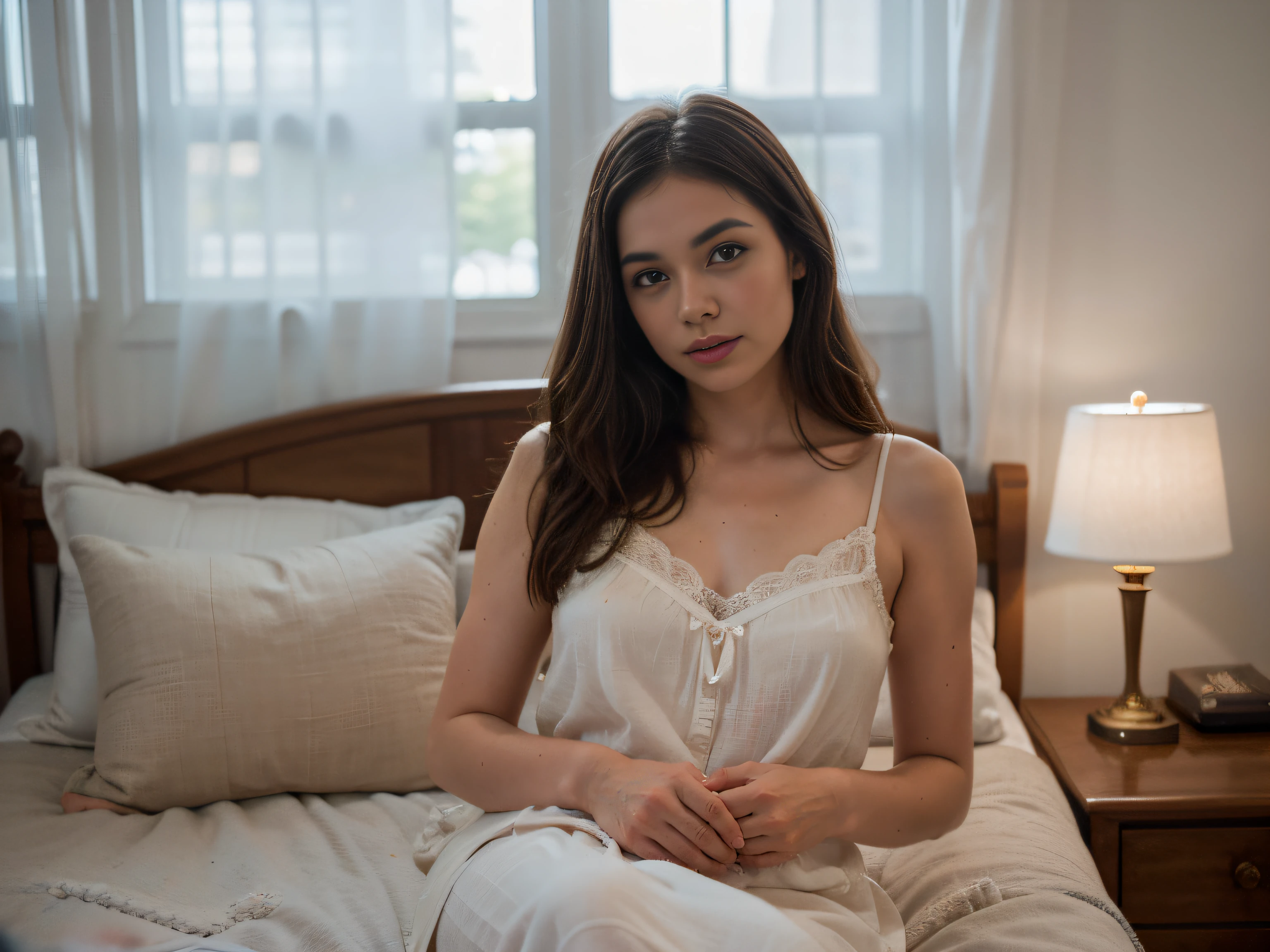 Lucy, beautiful detailed eyes, cute detailed lips, flowing dark hair, cute nightgown with delicate lace trim and patterns, moonlight streaming through the window, warm glow on her face, cozy bedroom with fluffy pillows and plush blanket, dreamy atmosphere, serene ambiance, gentle breeze rustling the curtains, distant sound of crickets chirping. (best quality, 4k, highres:1.2), ultra-detailed, realistic:1.37, soft pastel colors, ethereal lighting.