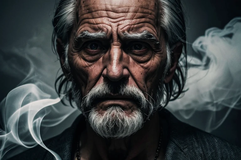 He was an old man with morbid and soft features, cabelos desgrenhados, dentes ausentes, Alcoholic, Dynamic color, tom preto e cinza, imagem super emocional, Set in a frighteningly dark setting and surrounded by dark and turbulent smoke.