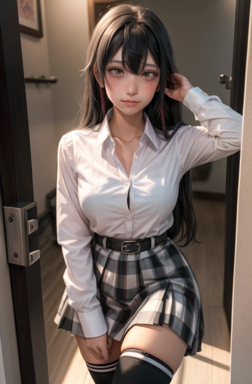 1 girl as yukino yukinoshita, absurdres, highres, solo, school uniform, big breasts, waist long black hair, (twintails:0.5), miniskirt, black thighhigh socks, loose red ribbon, unbuttoned white shirt, (ahegao:1.5), (rolling eyes:1.5), pov_doorway blush, looking_at_viewer