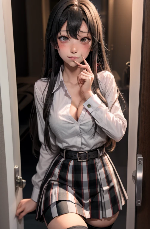 1 girl as yukino yukinoshita, absurdres, highres, solo, school uniform, big breasts, waist long black hair, (twintails:0.5), miniskirt, black thighhigh socks, loose red ribbon, unbuttoned white shirt, (ahegao:1.5), (rolling eyes:1.5), pov_doorway blush, looking_at_viewer