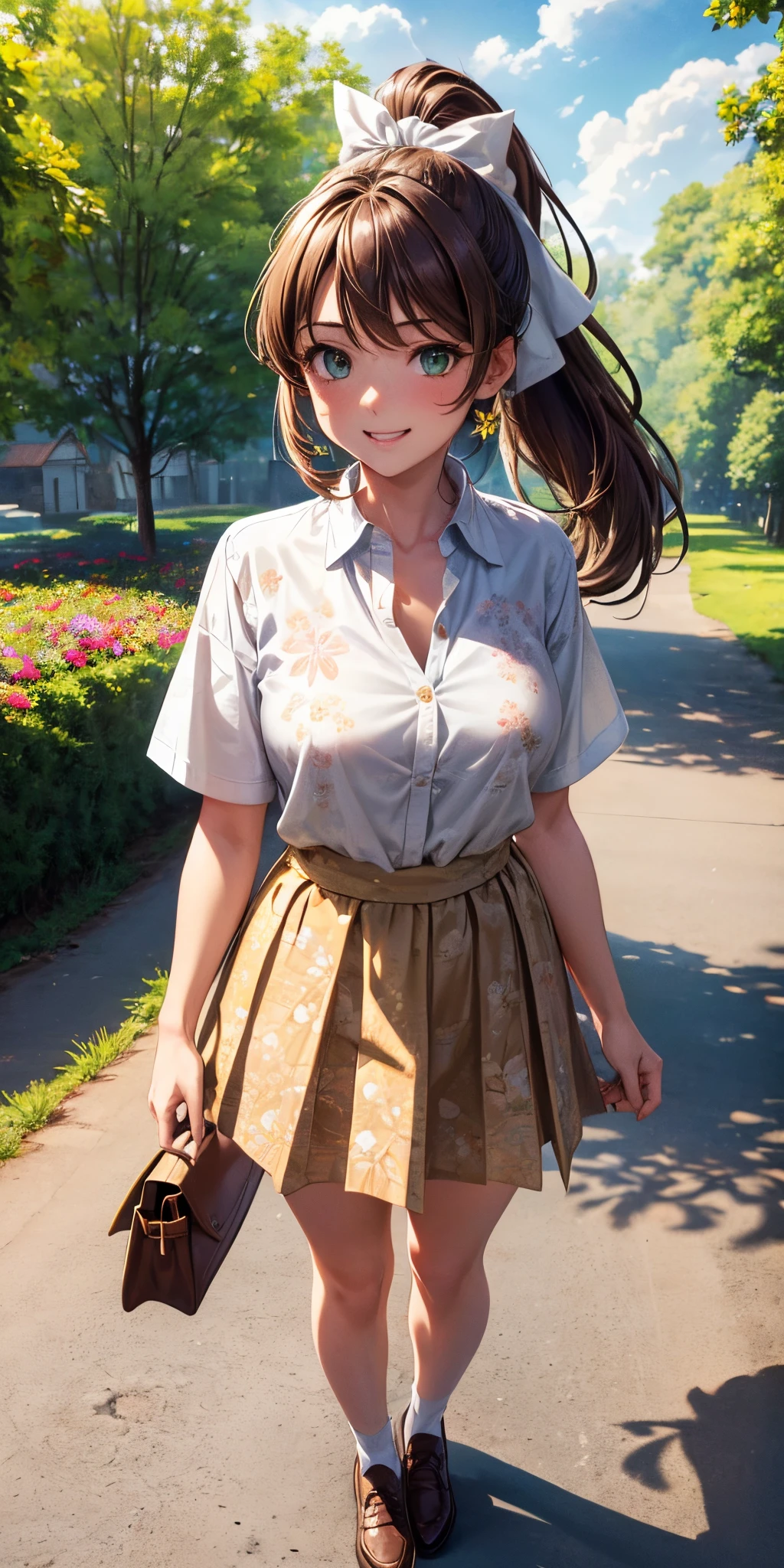 ((blue floral pattern white shirt)), ((unbuttoned shirt)), cleavage 1:3, golden necklate