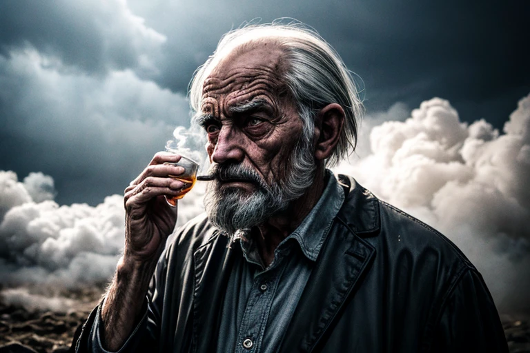 He was an old man with morbid and soft features, cabelos desgrenhados, caminhando, paisagem ampla, dentes ausentes, Alcoholic, Dynamic color, tom preto e cinza, imagem super emocional, Set in a frighteningly dark setting and surrounded by dark and turbulent smoke.