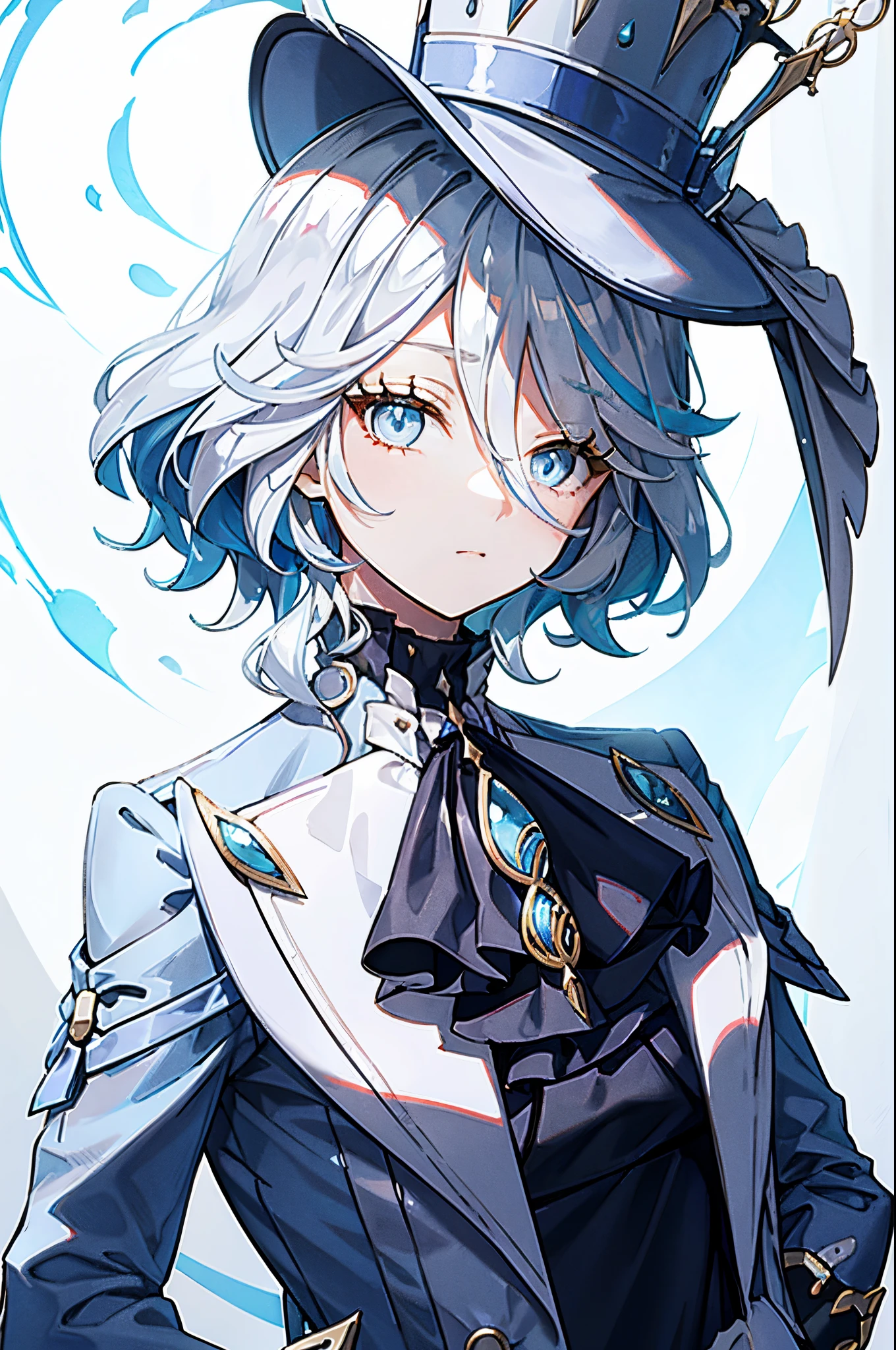 Fluffy silver blue hair，White striped trench coat，Eye glaslack ，the only person，through bangs，glow blue eyes，half-close eyes，Hats