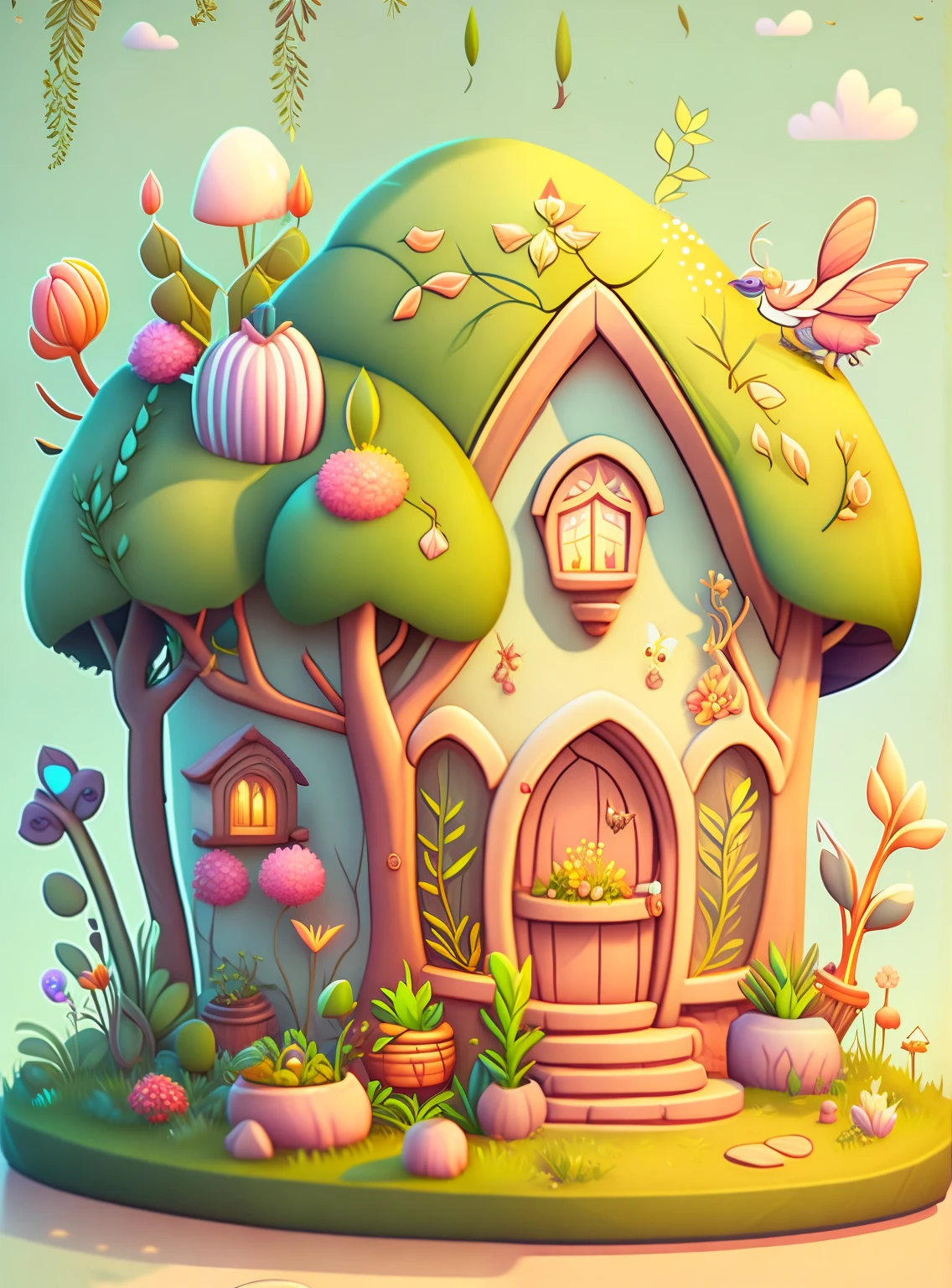 Cartoon-style house, flowers and plants, magical elements, mobile game， forest and plants, a touch of magical elements, outlines of animals.