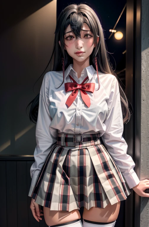 1 girl as yukino yukinoshita, absurdres, highres, solo, school uniform, big breasts, waist long black hair, (twintails:0.5), miniskirt, black thighhigh socks, loose red ribbon, unbuttoned white shirt, (ahegao:1.5), (rolling eyes:1.5), pov_doorway blush, looking_at_viewer