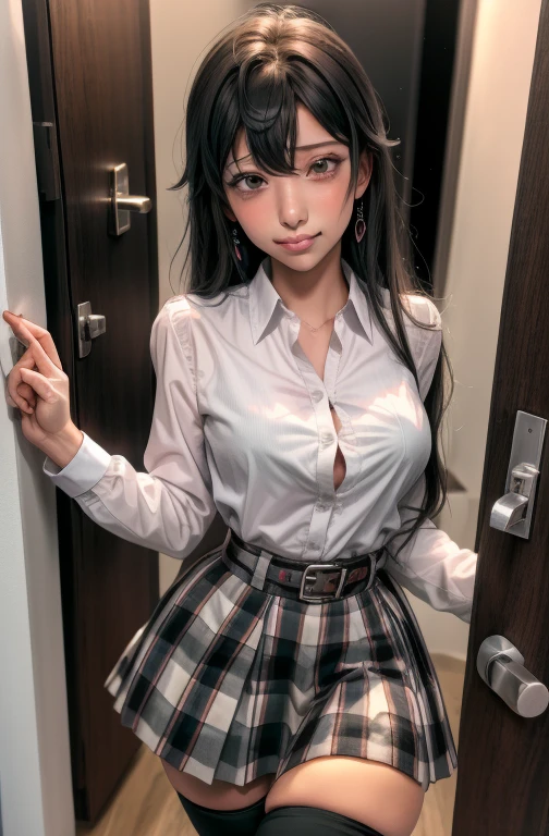 1 girl as yukino yukinoshita, absurdres, highres, solo, school uniform, big breasts, waist long black hair, (twintails:0.5), miniskirt, black thighhigh socks, loose red ribbon, unbuttoned white shirt, (ahegao:1.5), (rolling eyes:1.5), pov_doorway blush, looking_at_viewer