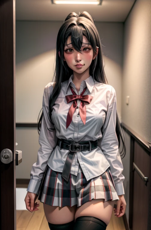 1 girl as yukino yukinoshita, absurdres, highres, solo, school uniform, big breasts, waist long black hair, (twintails:0.5), miniskirt, black thighhigh socks, loose red ribbon, unbuttoned white shirt, (ahegao:1.5), (rolling eyes:1.5), pov_doorway blush, looking_at_viewer