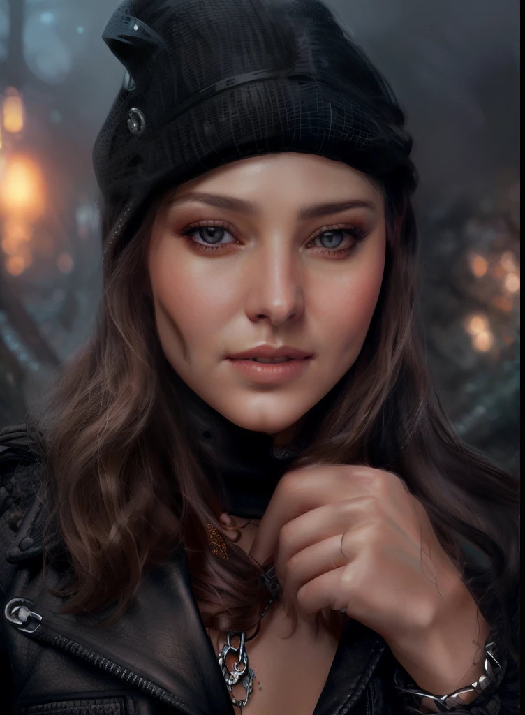 close-up of a woman wearing a leather jacket and necklace, Detailed matte fantasy portrait, detailed beauty portrait, fantasy art portrait, digital fantasy portrait, in the art style of bowater, fantasy portrait art, Masterpiece! Portrait of Arwen, gorgeous digital painting, fantasy portrait, magali villeneuve', Detailed beautiful portrait, beautiful fantasy art portrait, beautiful fantasy portrait