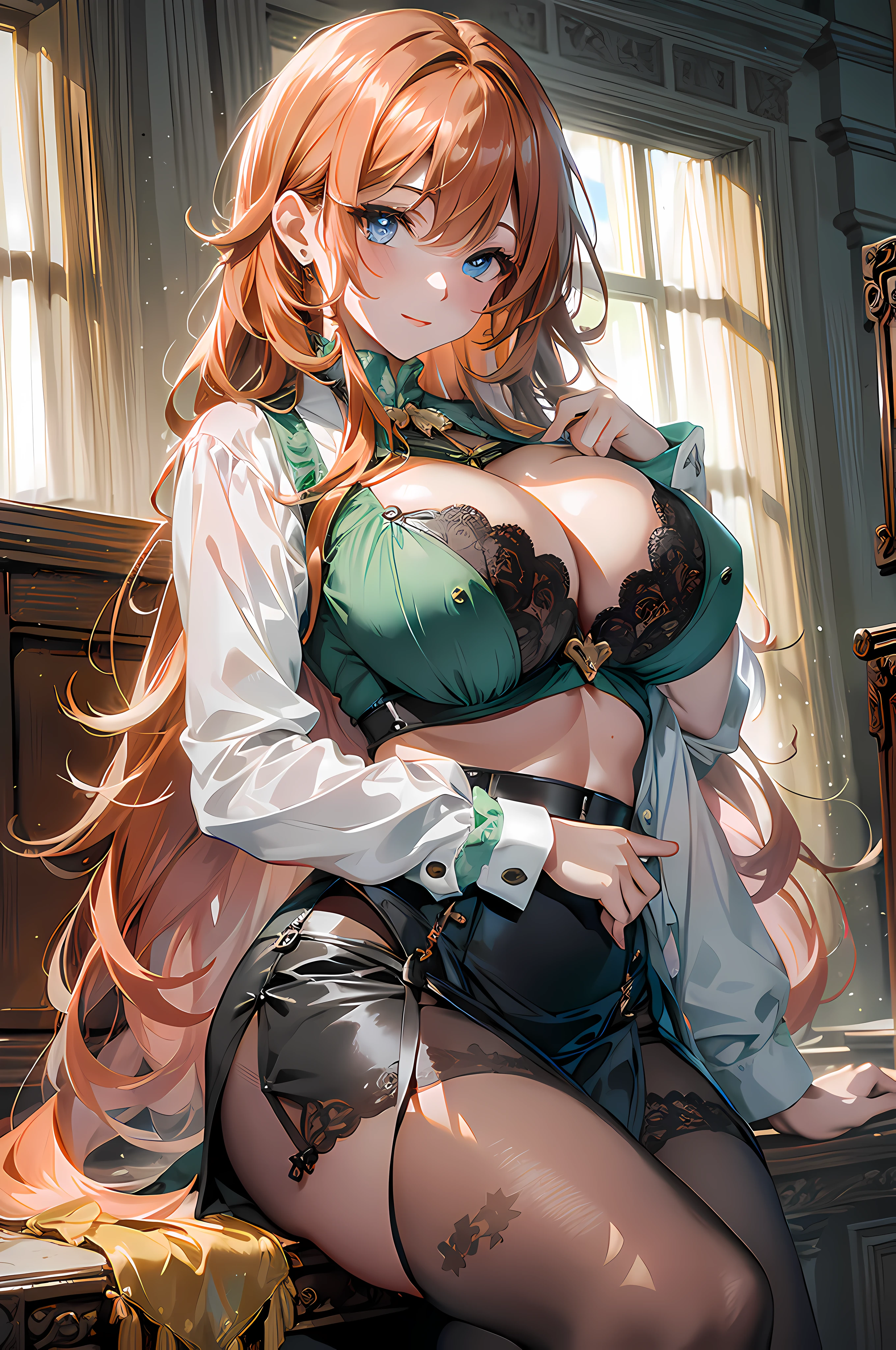 absurd, 8K, high resolution, Ultra-detailliert, beautiful, Meisterwerk, best quality, very pretty woman, Jung, orangefarbenes Haar, (Bluse:1.5), green bra, Netzstrumpfhosen, sexy, enger Rock, (very huge breasts:1.4 ), (Lange Haare:1.6) detailliertes Frauengesicht, Sehr attraktiv,
