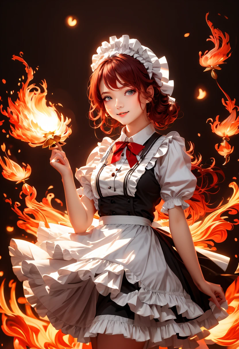 ((Beautiful maid:1.5),A high resolution, quality),火焰/butterflys/Loim，Wearing a maid outfit,Soft hands, big bright eyes, Dark and vibrant curls, A sweet smile, Red fluttering face, Soft lighting, with a pure white background.