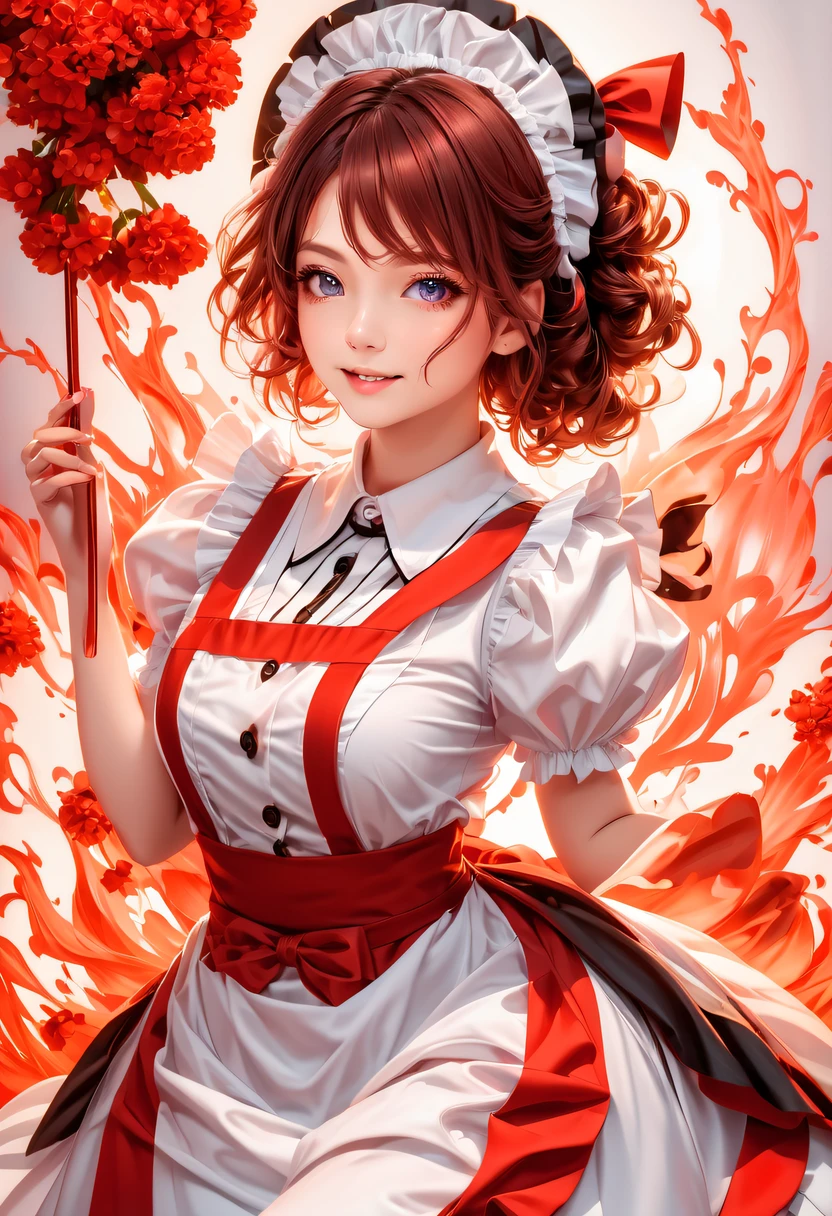 ((Beautiful maid:1.5),A high resolution, quality),火焰/butterflys/Loim，Wearing a maid outfit,Soft hands, big bright eyes, Dark and vibrant curls, A sweet smile, Red fluttering face, Soft lighting, with a pure white background.