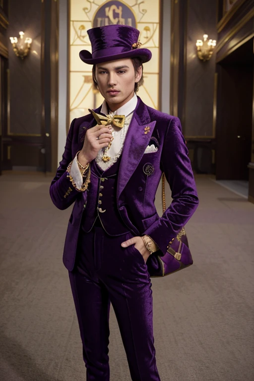 2023 screenshot of male model Willy Wonka (johnney depp) that looks like a barbie doll by plastic surgery and a regal purple velvet suit with gold-threaded embroidery featuring the Gucci logo prominently. The ensemble includes a matching top hat adorned with a Gucci ribbon, and he carries a limited edition Gucci cane. --ar 3:2 --v 5"