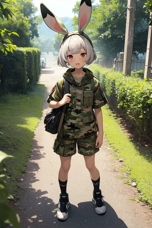 top-quality, Top image quality, masterpiece, 15 year old girl, (((Has rabbit ears on his head))), (Ears hide), (shortpants), Laptop in hand, ((short-hair)), Bright red eyes, 小柄, ((Camouflage beret)), full body Esbian, long white hair, (Camouflage pattern clothing), Ruins, Slightly red tide, Laugh invincibly, (double tooth), ((Perspective from above))