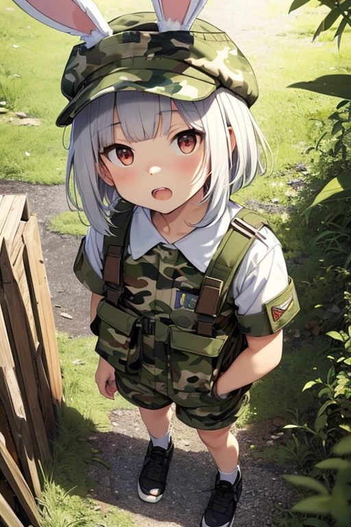 top-quality, Top image quality, masterpiece, 15 year old girl, (((Has rabbit ears on his head))), (Ears hide), (shortpants), Laptop in hand, ((short-hair)), Bright red eyes, 小柄, ((Camouflage beret)), full body Esbian, long white hair, (Camouflage pattern clothing), Ruins, Slightly red tide, Laugh invincibly, (double tooth), ((Perspective from above))
