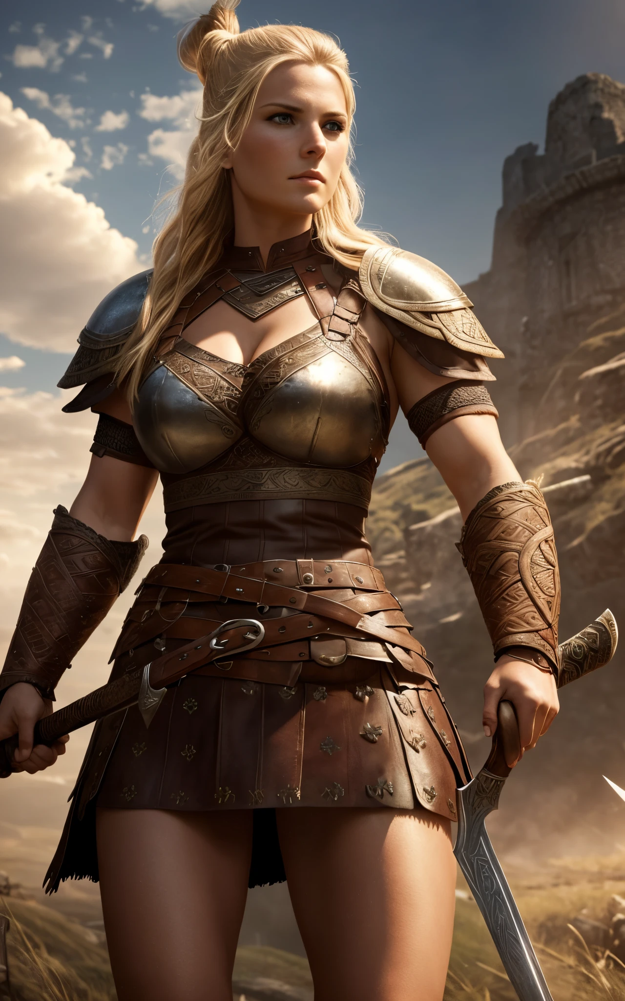a realistic close up of a woman in a leather outfit holding a sword, a blonde warrior, female viking, very beautiful female barbarian,  viking shieldmaiden, barbarian warrior woman, beautiful female warrior, a very beautiful berserker woman, female armor, skimpy leather armor, north female warrior, medieval female warrior, viking attire, wearing norse armor, female barbarian, the strolling pose, full length portrait, Direct Sunlight, unreal engine --auto