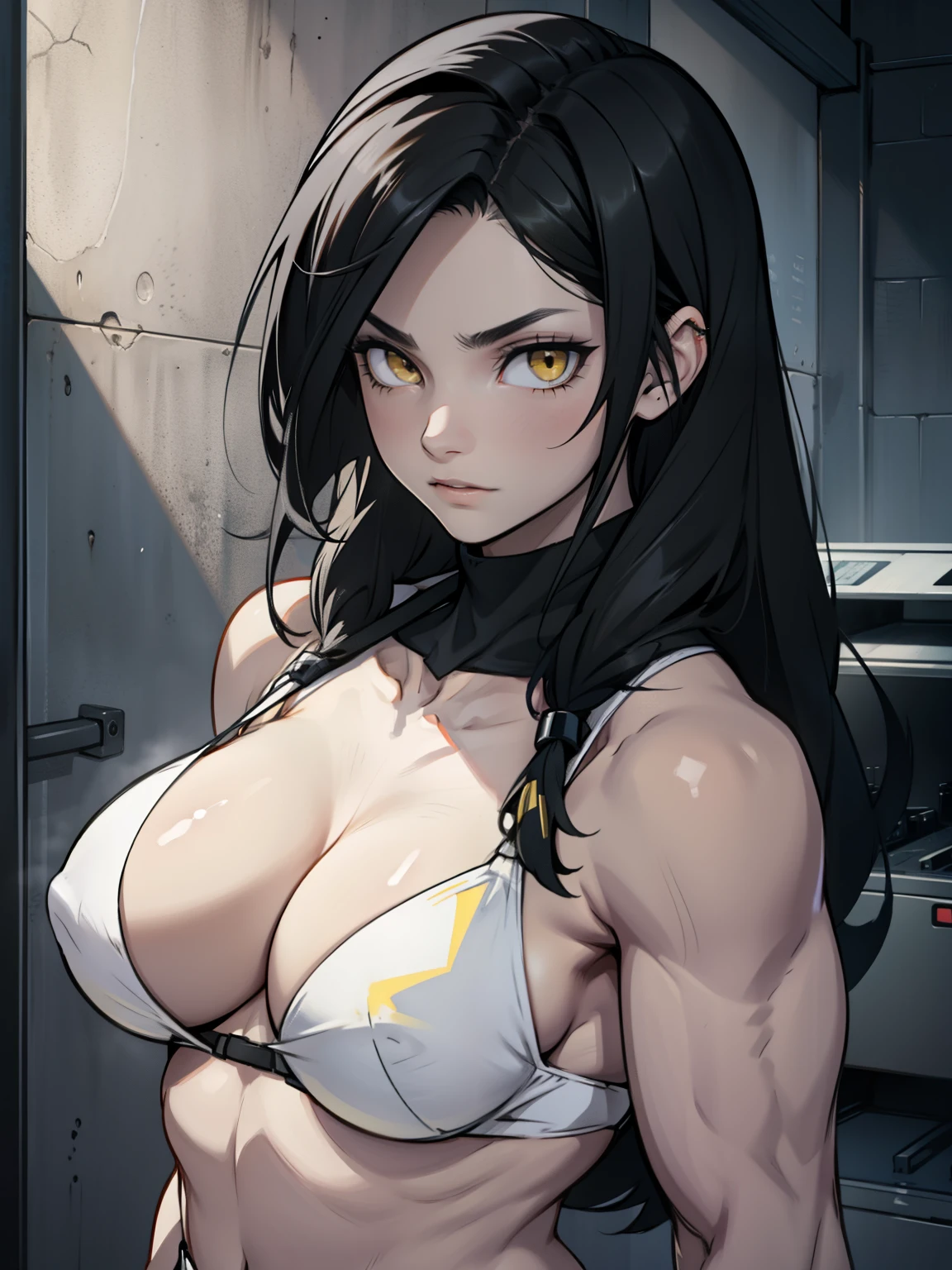 girl muscles breasts black hair yellow eyes pale skin expressionless