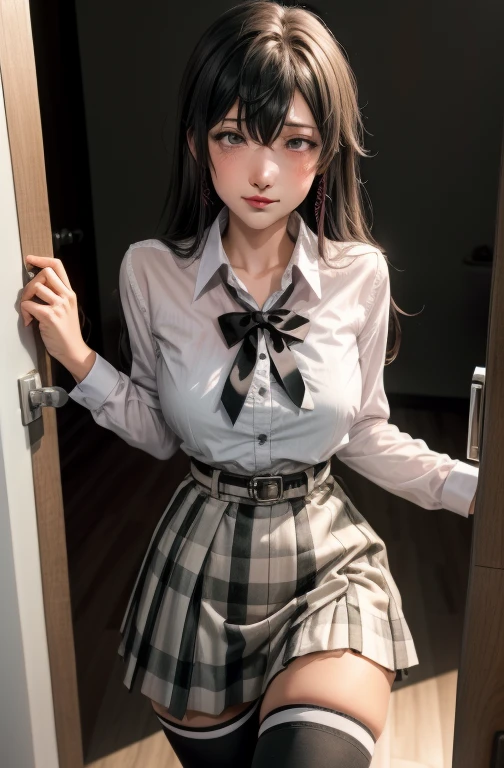 1 girl as yukino yukinoshita, absurdres, highres, solo, school uniform, big breasts, waist long black hair, (twintails:0.5), miniskirt, black thighhigh socks, loose red ribbon, unbuttoned white shirt, (ahegao:1.5), (rolling eyes:1.5), pov_doorway blush, looking_at_viewer