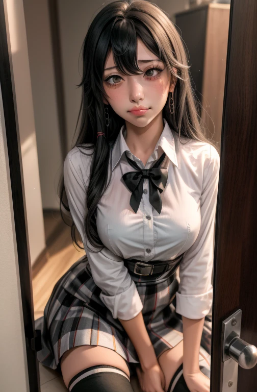 1 girl as yukino yukinoshita, absurdres, highres, solo, school uniform, big breasts, waist long black hair, (twintails:0.5), miniskirt, black thighhigh socks, loose red ribbon, unbuttoned white shirt, (ahegao:1.5), (rolling eyes:1.5), pov_doorway blush, looking_at_viewer