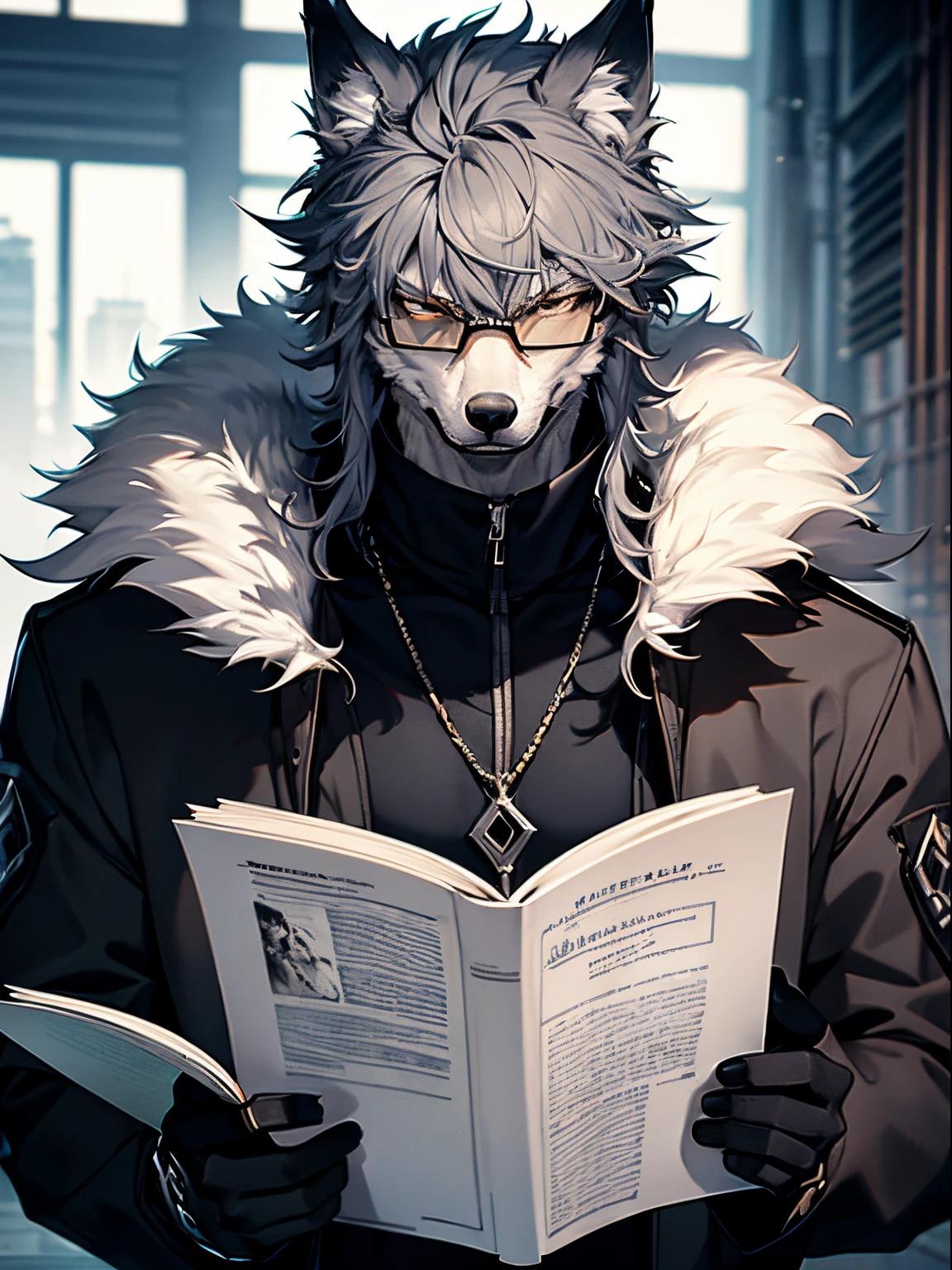 Tall, defined body, wolf, anthropomorphic, gray and black fur, dark eyes, dark clothing, serious character, reading glasses, adult appearance