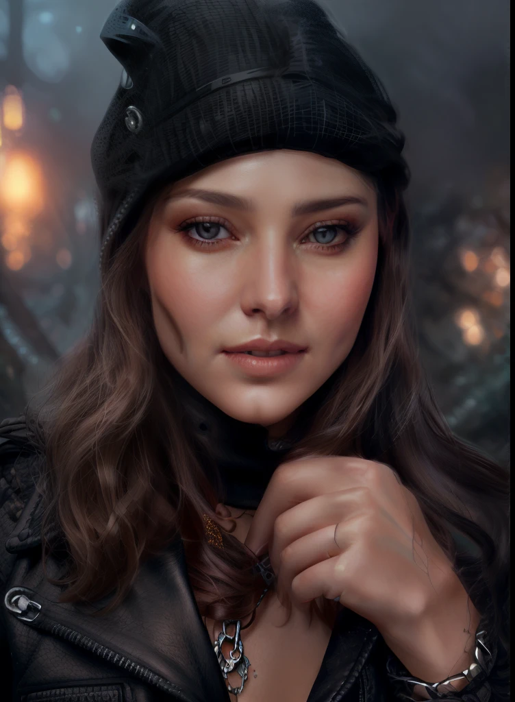 close-up of a woman wearing a leather jacket and necklace, Detailed matte fantasy portrait, detailed beauty portrait, fantasy art portrait, digital fantasy portrait, in the art style of bowater, fantasy portrait art, Masterpiece! Portrait of Arwen, gorgeous digital painting, fantasy portrait, magali villeneuve', Detailed beautiful portrait, beautiful fantasy art portrait, beautiful fantasy portrait