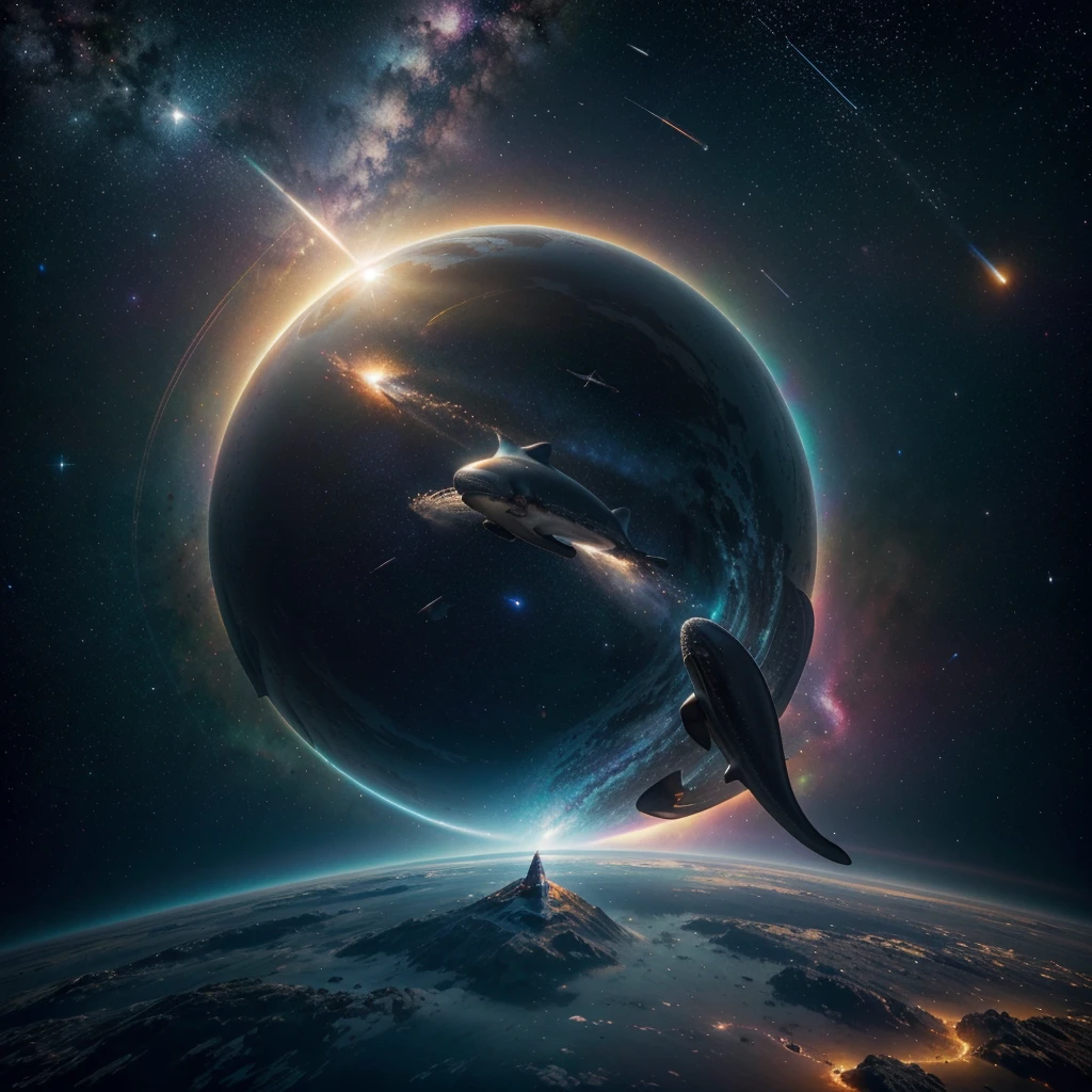 A whale flying in the space, galaxy, stars, black holes , portal, beautiful, colorful, cosmic, futuristic, detailed, golden hour, iridescent, vibrant, mark brooks, frank frazetta, david mann, kilian eng, jeff koons, digital painting, hyperrealism, surrealism, octane render, trending on artstation