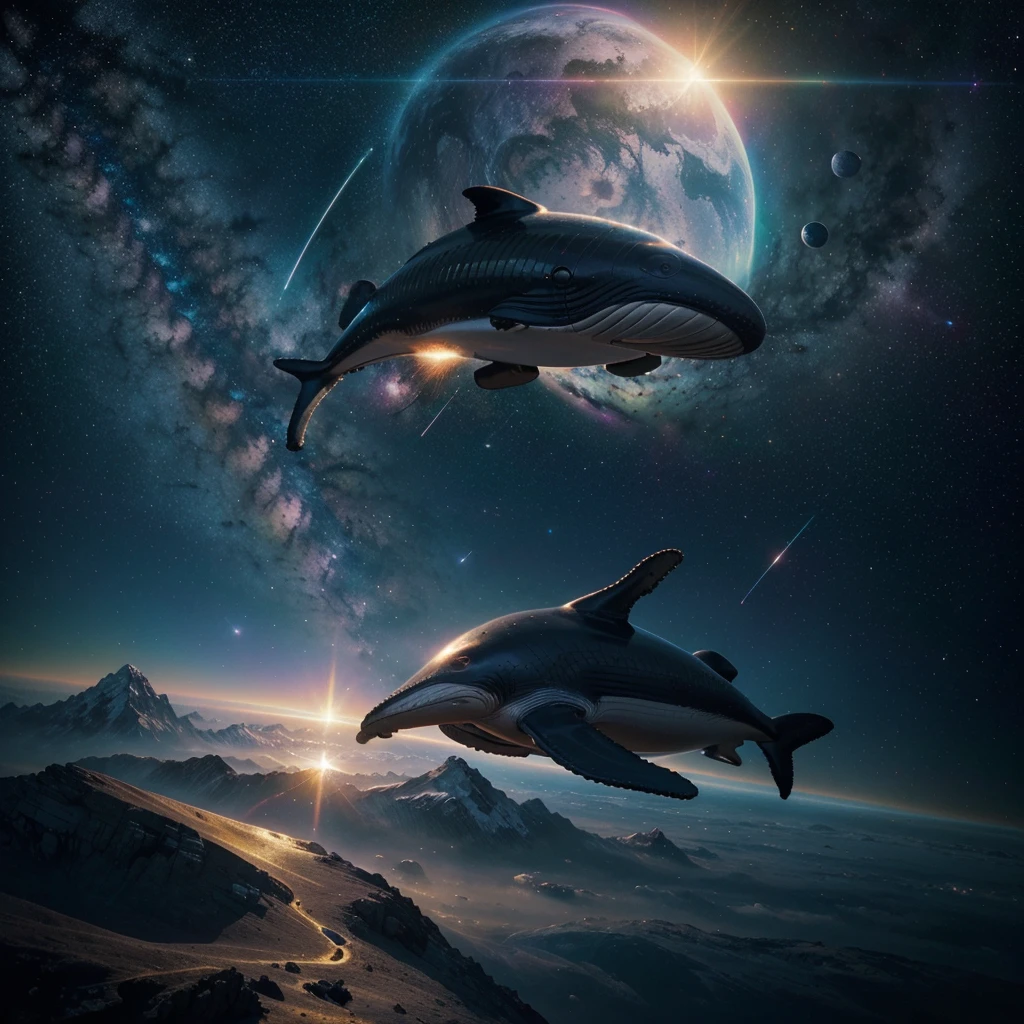 A whale flying in the space, galaxy, stars, black holes , portal, beautiful,  colorful,  cosmic,  futuristic,  detailed,  golden hour,  iridescent,  vibrant,  mark brooks,  frank frazetta,  david mann,  kilian eng,  jeff koons,  digital painting,  hyperrealism,  surrealism,  octane render,  trending on artstation