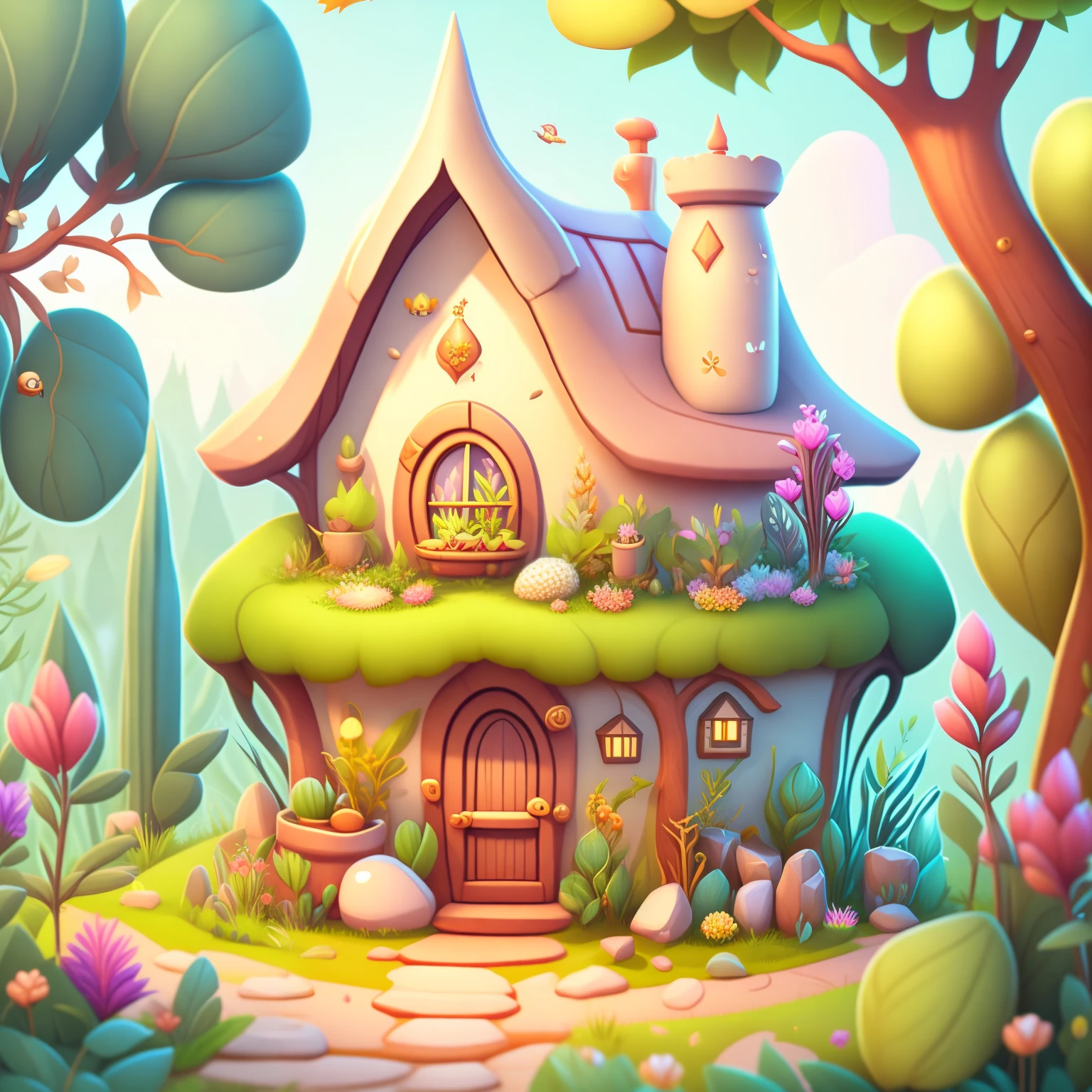 Cartoon-style house, flowers and plants, magical elements, mobile game, forest and plants, a touch of magical elements, outlines of animals.