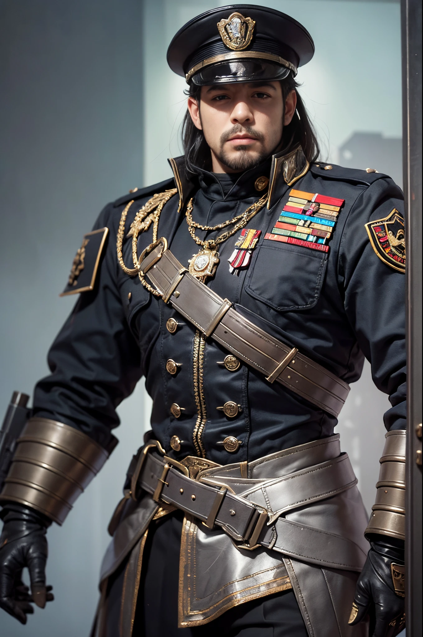 ( ( male character ) ) ), (best quality,4k,highres,masterpiece:1.2), ( ( full body composition) ),Imperial Guard Commissar,Warhammer 40k grimdark,charismatic gaze,sharp uniform details,strategic pose,detailed facial features,serious expression,intimidating presence, officer's armor,ornate medals and badges,imposing stature,officer hat, ( ( ( roman aquila emblem ) ) ) gothic sci-fi space ship atmosphere,harsh lighting,contrasting shadows,ominous aura,military regalia, muscular frame, muscles bulging within uniform, combat experience,commanding presence,decorated hat,battle-scarred attire,gritty texture, gothic cathedral background,majestic backdrop,sci-fi elements,highly detailed weapon,lasgun,ruthless determination,vivid colors,gritty realism,impressive attention to detail,visually stunning