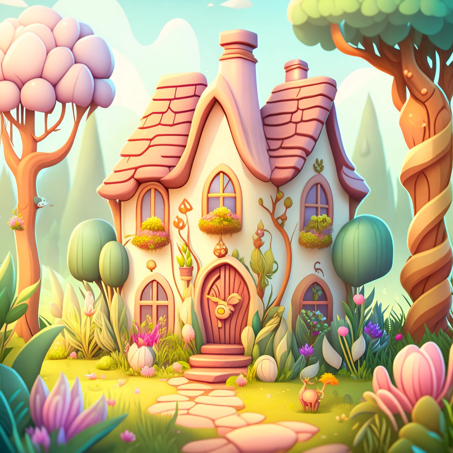 Cartoon-style house, flowers and plants, magical elements, mobile game, forest and plants, a touch of magical elements, outlines of animals.
