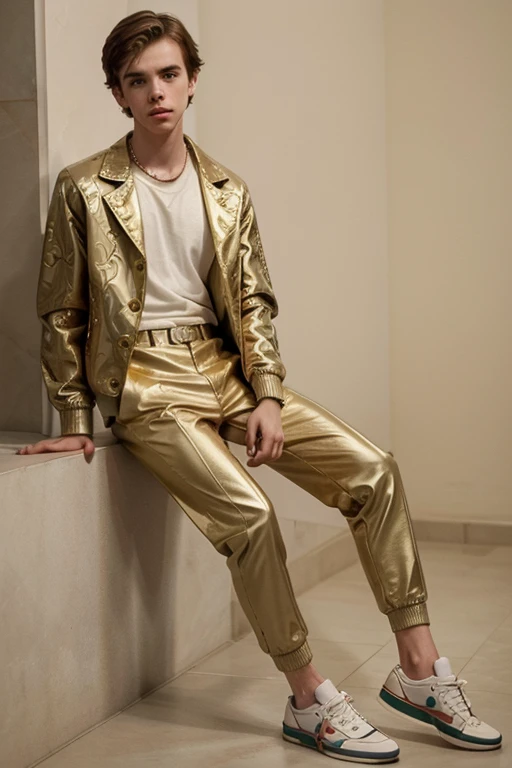 Prompt: "2023 screenshot of male model Charlie Bucket (Freddie Highmore) that looks like a barbie doll by plastic surgery with lipp fillers and a botox ass and is in a youthful ensemble featuring a tailored Gucci monogram jacket and slim-fit trousers in a complementary pattern. He wears limited edition Gucci sneakers with subtle gold accents. --ar 3:2 --v 5"