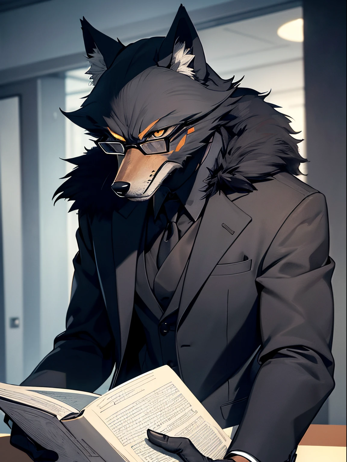 Tall, defined body, wolf, anthropomorphic, dark gray fur, dark eyes, dark clothing, concentrated face, reading glasses, adult appearance, elegant suit, black suit, no tie, black gloves
