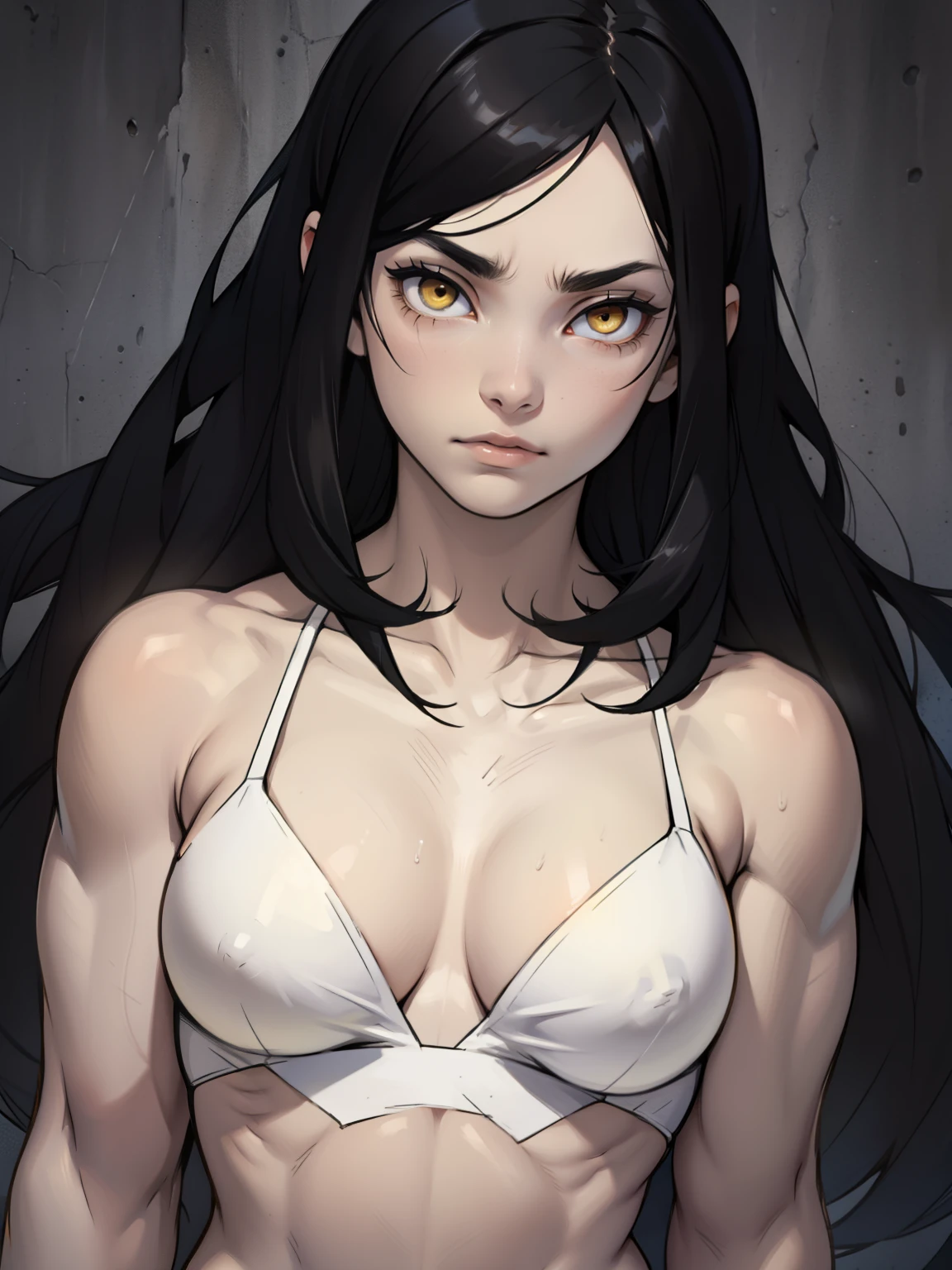 girl muscles breasts black hair yellow eyes pale skin expressionless sad