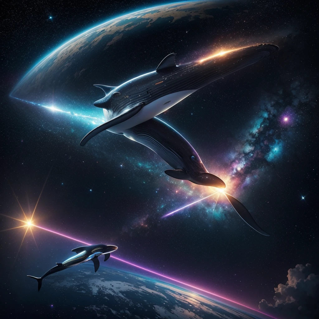 A whale flying in the space, galaxy, stars, black holes , portal, beautiful, colorful, cosmic, futuristic, detailed, golden hour, iridescent, vibrant, mark brooks, frank frazetta, david mann, kilian eng, jeff koons, digital painting, hyperrealism, surrealism, octane render, trending on artstation