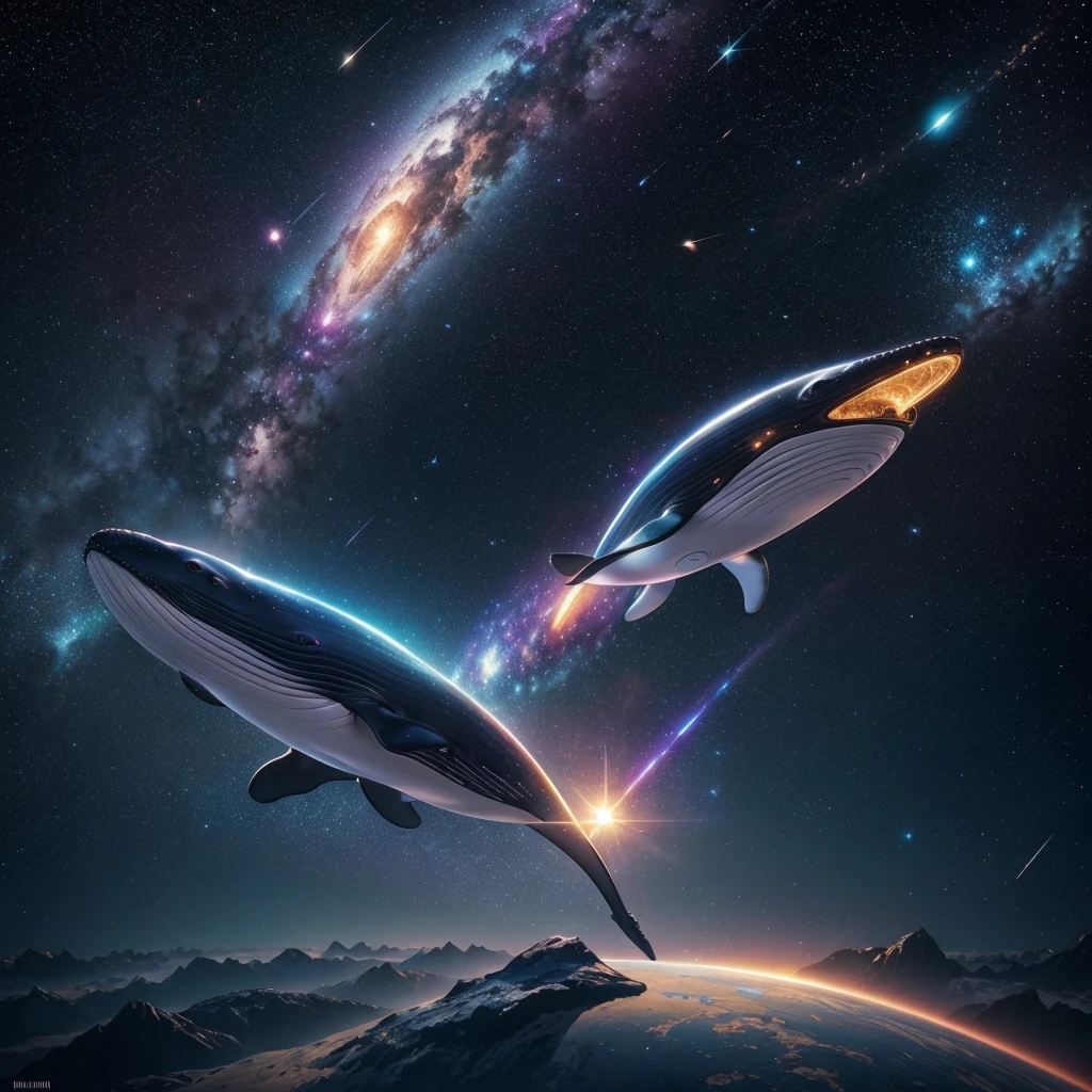 A whale flying in the space, galaxy, stars, black holes , portal, beautiful,  colorful,  cosmic,  futuristic,  detailed,  golden hour,  iridescent,  vibrant,  mark brooks,  frank frazetta,  david mann,  kilian eng,  jeff koons,  digital painting,  hyperrealism,  surrealism,  octane render,  trending on artstation