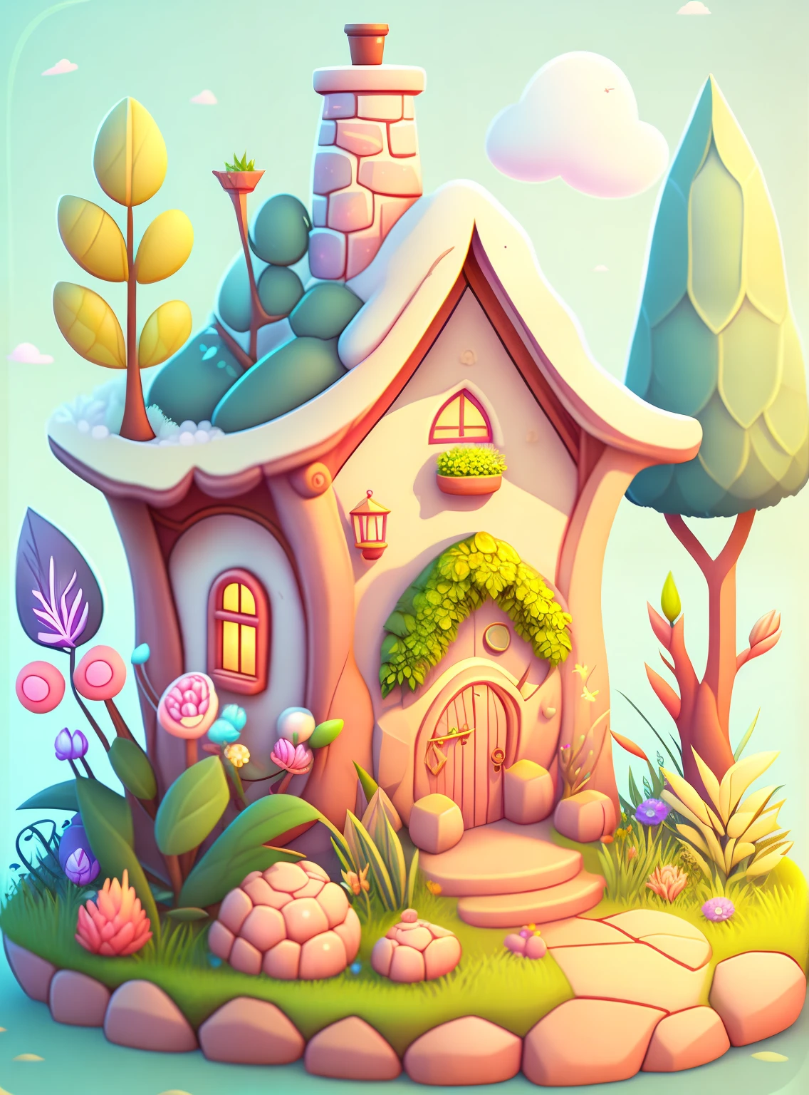 Cartoon-style house, flowers and plants, magical elements, mobile game, forest and plants, a touch of magical elements, outlines of animals.