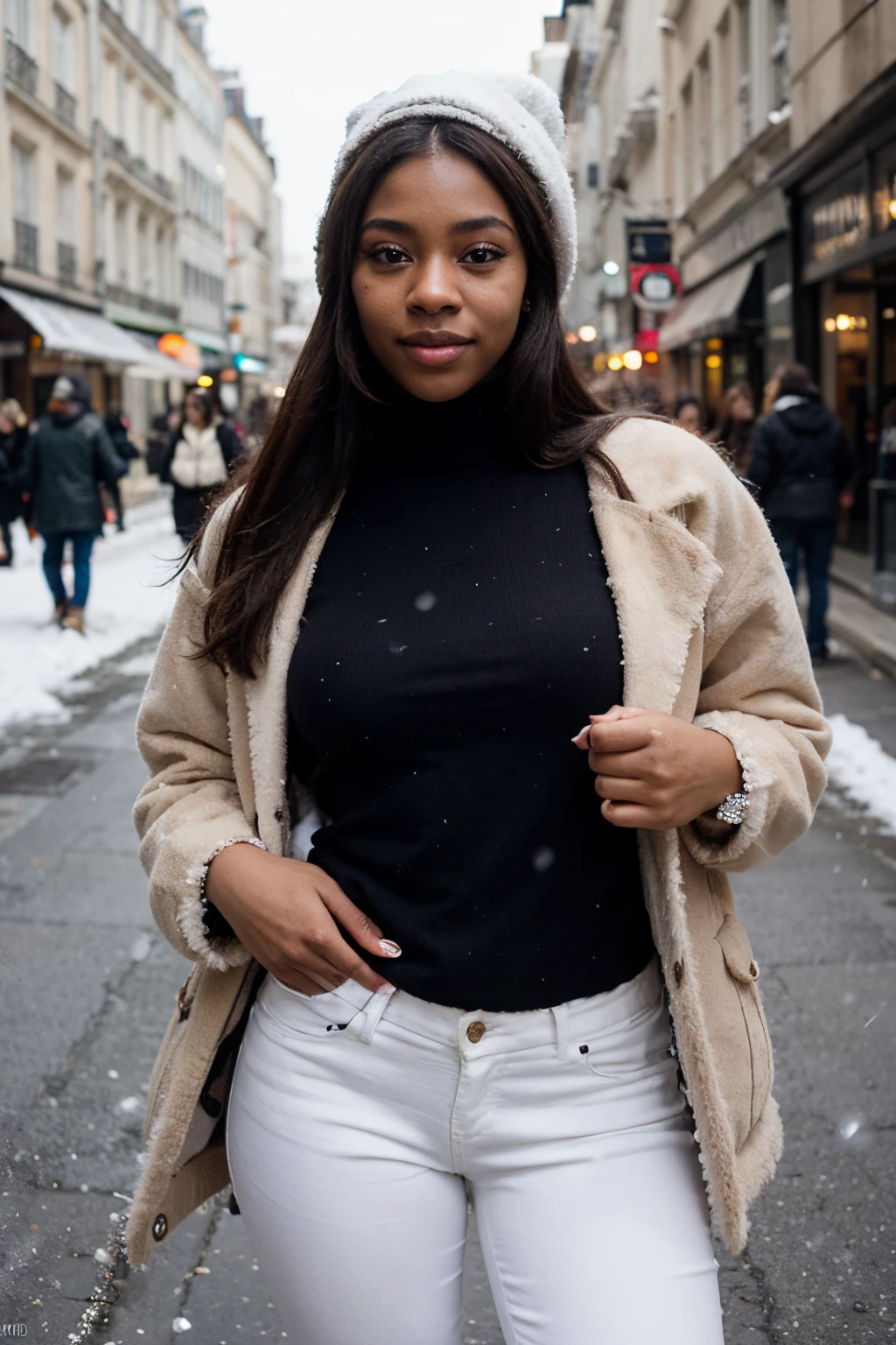 18 years old, dark skin color, Ebony skin, Detailed perfect face, Mia Kalifa's face, Sarah Banks' body, Voluptuous body, Light smile,She wears white pants with a brown fur jacket with a white cap And a brown sweater  , In the streets of Paris With snow , harmoniously mixing avant-garde  with its expressive movements, RAW format, Nikon Z 85mm