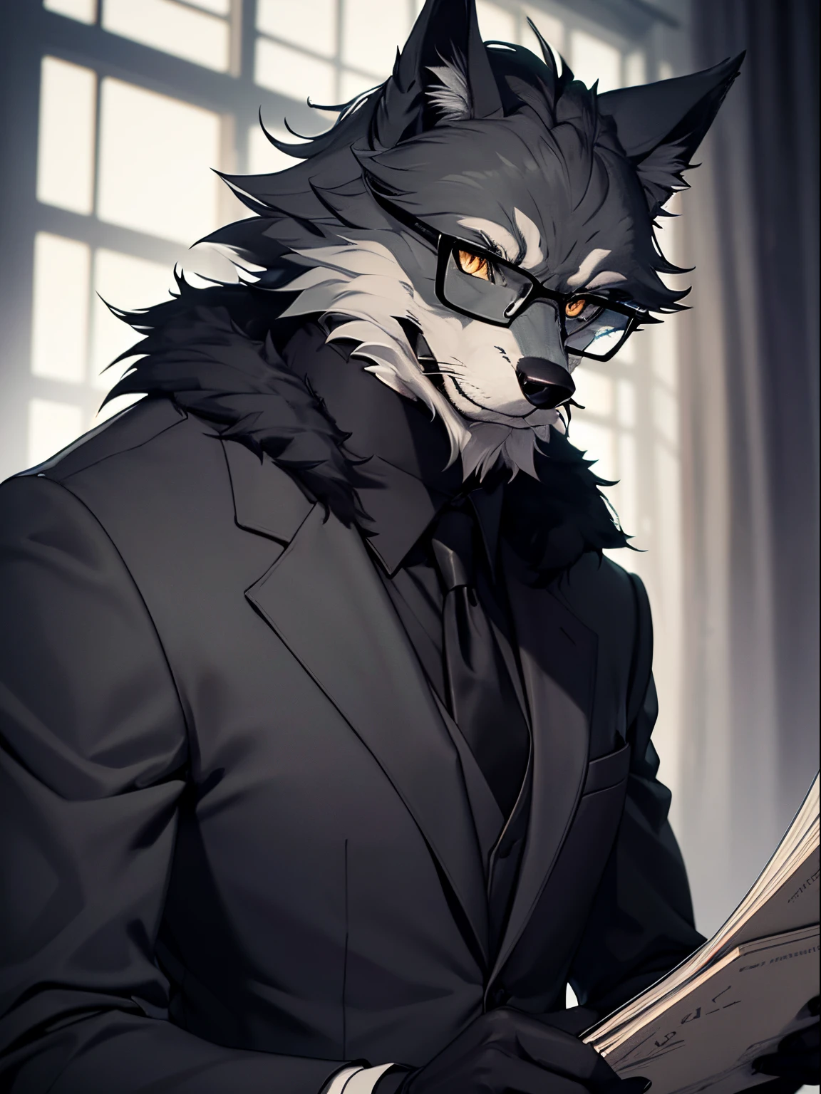 Tall, defined body, wolf, anthropomorphic, dark gray fur, fur all over the body, dark eyes, dark clothing, concentrated face, reading glasses, adult appearance, elegant suit, black suit, no tie, black gloves