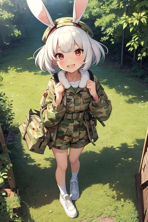 top-quality, Top image quality, masterpiece, 15 year old girl, pure white hair, (((Has rabbit ears on his head))), (Ears hide), (shortpants), Laptop in hand, ((short-hair)), Bright red eyes, 小柄, ((Camouflage beret)), full body Esbian, (Camouflage pattern clothing), Ruins, Slightly red tide, Smile modestly, Smile embarrassedly, (double tooth), ((Perspective from above))