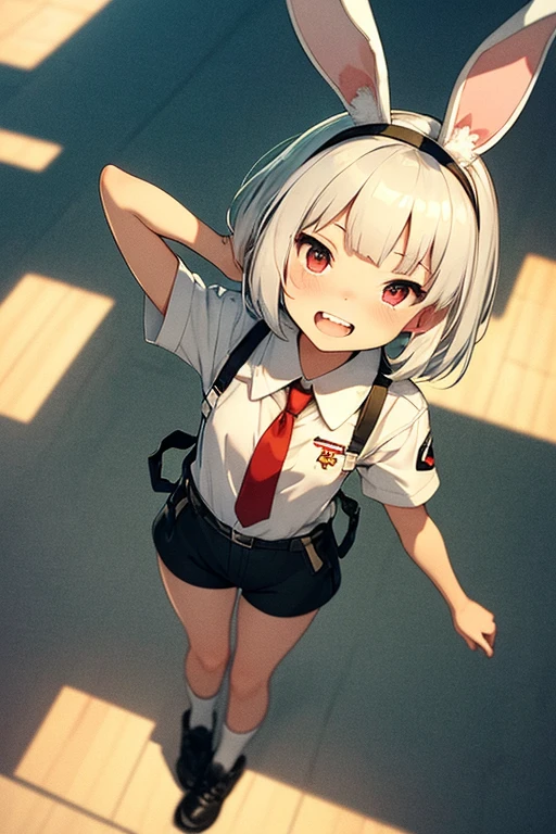 top-quality, Top image quality, masterpiece, 15 year old girl, pure white hair, (((Has rabbit ears on his head))), (Ears hide), (shortpants), Laptop in hand, ((short-hair)), Bright red eyes, 小柄, ((Camouflage beret)), full body Esbian, (Camouflage pattern clothing), Ruins, Slightly red tide, Smile modestly, Smile embarrassedly, (double tooth), ((Perspective from above))