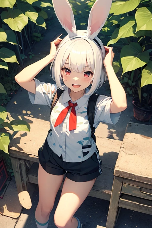 top-quality, Top image quality, ​masterpiece, 15 year old girl, pure white hair, (((Has rabbit ears on his head))), (Ears hide), (shortpants), Laptop in hand, ((short-hair)), Bright red eyes, 小柄, （(Camouflage beret)）, full body Esbian, (Camouflage pattern clothing), Ruins, Slightly red tide, Smile modestly, Smile embarrassedly,  (double tooth), ((Perspective from above))