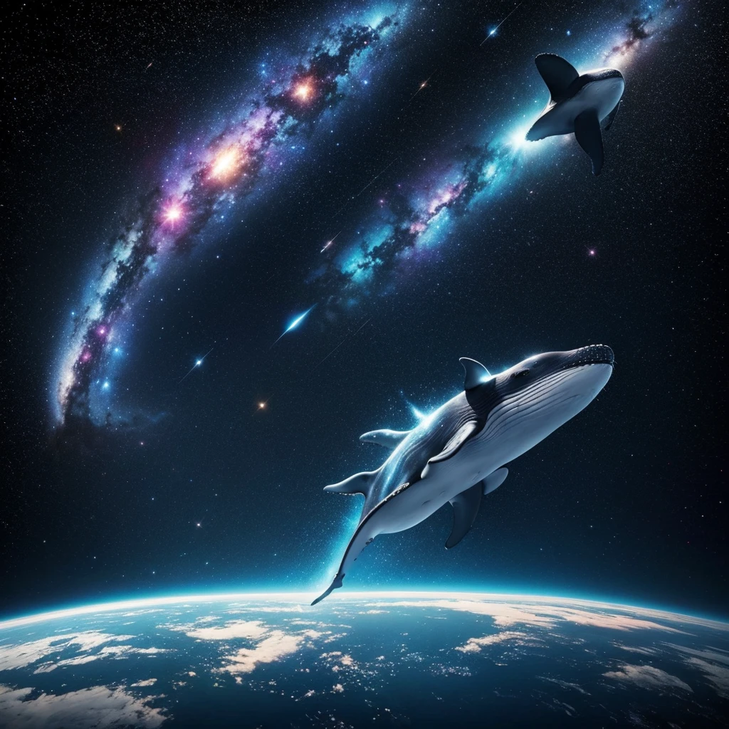 A whale flying in the space, galaxy, stars, black holes , portal, beautiful,  colorful,  cosmic,  detailed,  iridescent,  vibrant