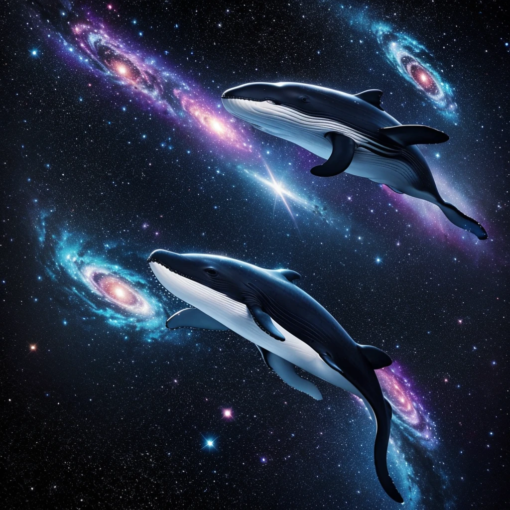 A whale flying in the space, galaxy, stars, black holes , portal, beautiful,  colorful,  cosmic,  detailed,  iridescent,  vibrant