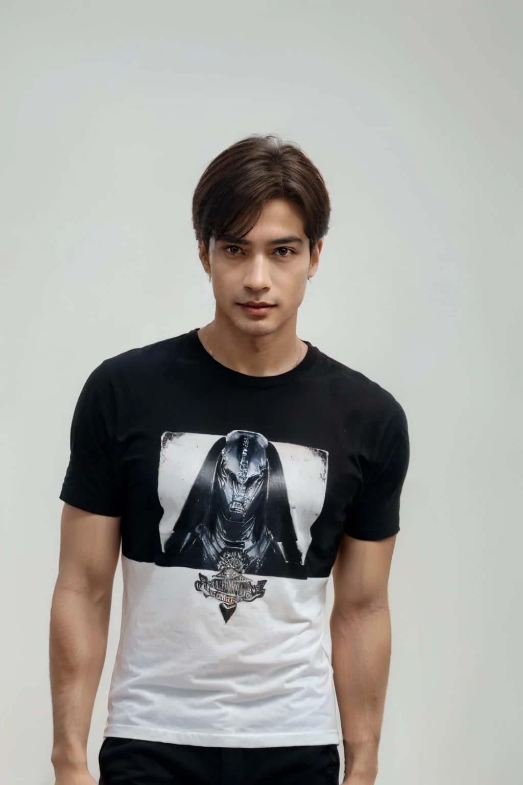 (best quality, Altas, ultra-detalhado), Realistic, full body view of a man standing on a white background, Com altura de 1.80m, wearing a black shirt with an Anubis print in the middle. The man must have a realistic appearance, with detailed facial features, incluindo belos olhos, nariz, and lips. The emphasis should be on capturing the man's entire body, From head to toe, de uma maneira realista. Lighting should be natural and well balanced, highlighting the characteristics of the man and creating a sense of depth. Colors should be vivid and focus should be sharp to improve the overall realism of the image. agr apena deixe a foto do anubis mais viva com cores
