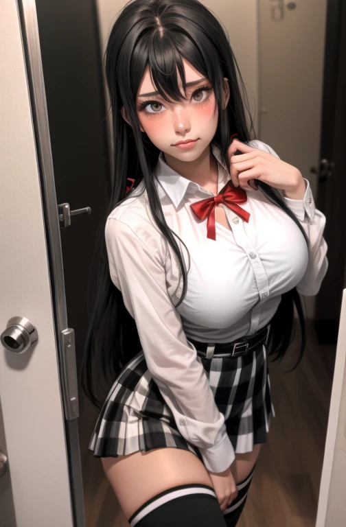 1 girl as yukino yukinoshita, absurdres, highres, solo, school uniform, big breasts, waist long black hair, (twintails:0.5), miniskirt, black thighhigh socks, loose red ribbon, unbuttoned white shirt, (ahegao:1.1), (rolling eyes:1.1), pov_doorway blush, looking_at_viewer
