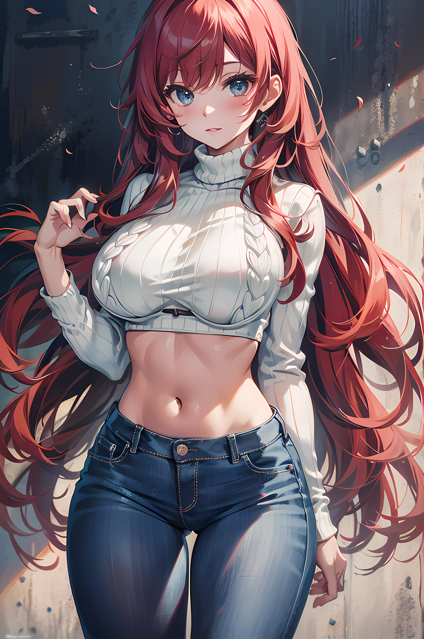absurd, 8K, high resolution, Ultra-detailliert, beautiful, Meisterwerk, best quality, very pretty woman, Jung, rotes Haar, (Rollkragen:1.7), (white bra:1.5), strappse, sexy, (enge Jeans:1.3) , (very large breasts:1.4), (langes, glattes Haar:1.6) detailliertes Frauengesicht, Sehr attraktiv, Lehrer